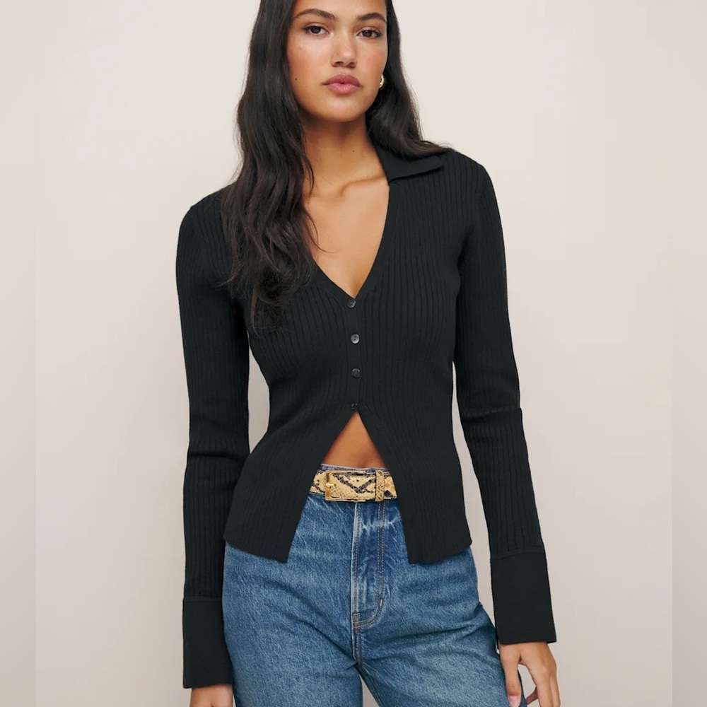 Reformation Valentina Ribbed Open Cardigan Black - Size XS